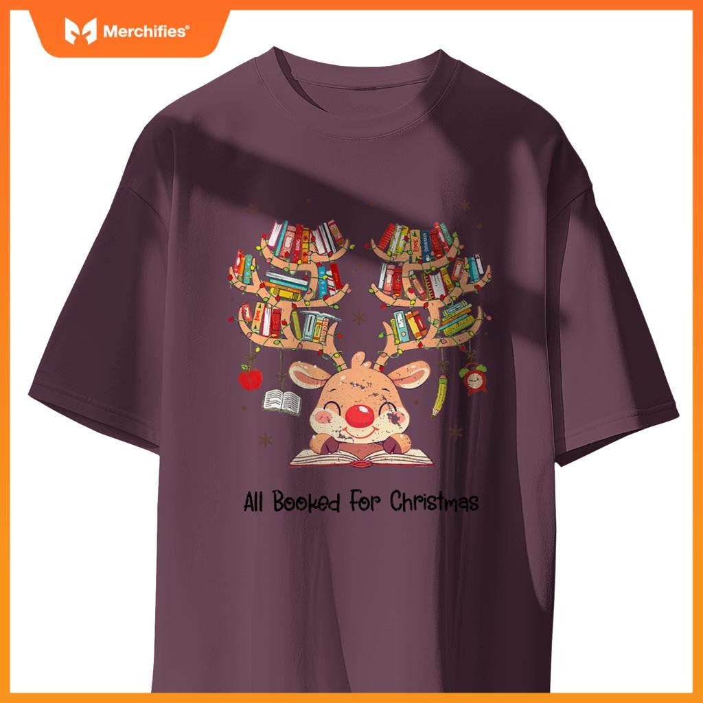 Women Reindeer Books Christmas Nerd Merry Teacher Librarian T-Shirt