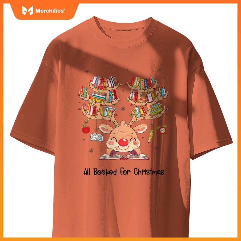 Women Reindeer Books Christmas Nerd Merry Teacher Librarian T-Shirt