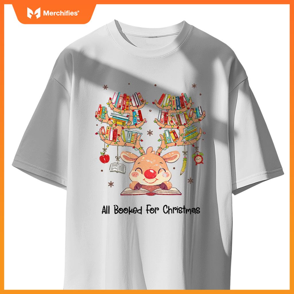 Women Reindeer Books Christmas Nerd Merry Teacher Librarian T-Shirt