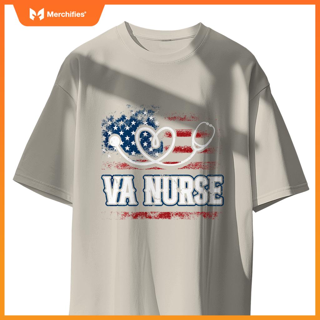 Womens American Flag VA Nurse Patriotic 4th of July Vintage T-Shirt