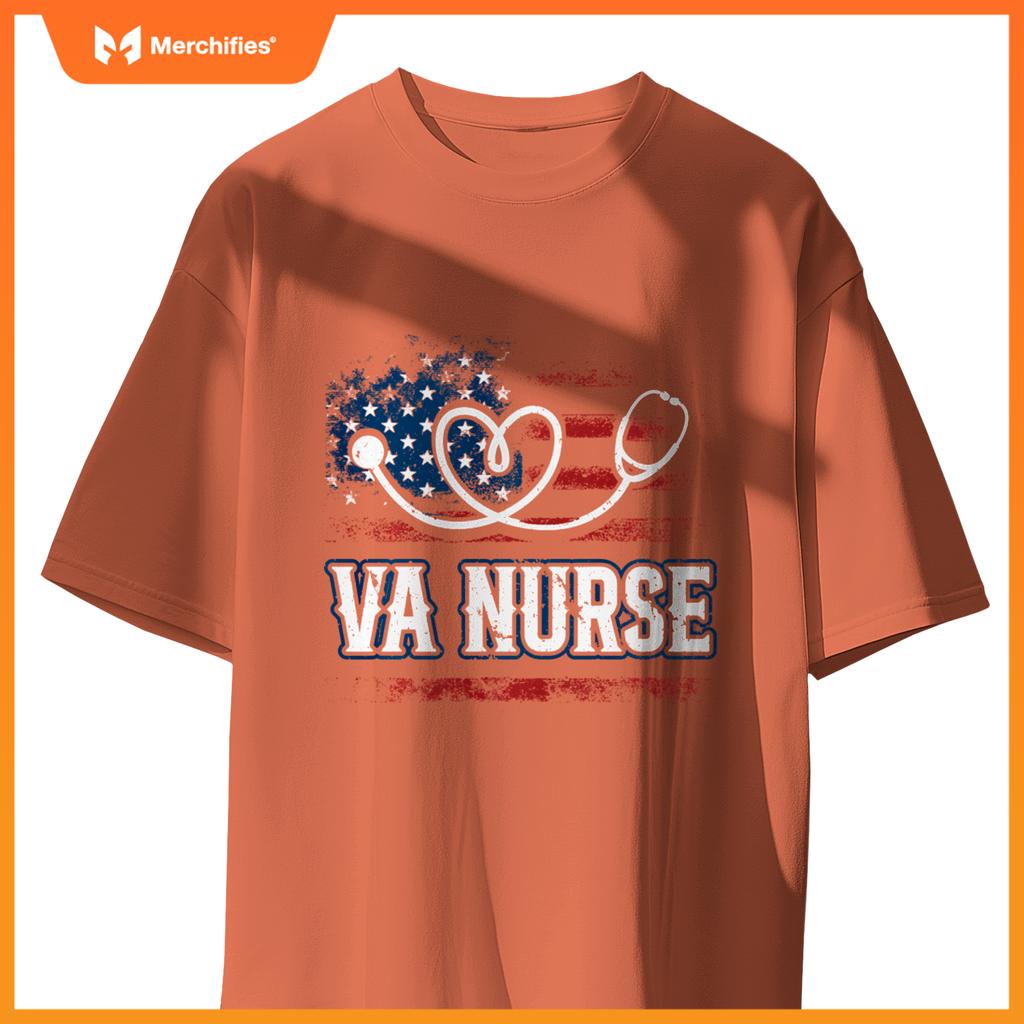 Womens American Flag VA Nurse Patriotic 4th of July Vintage T-Shirt
