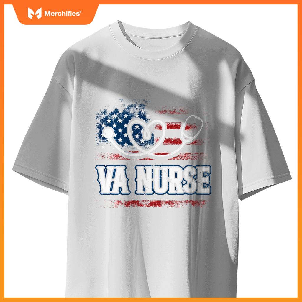 Womens American Flag VA Nurse Patriotic 4th of July Vintage T-Shirt