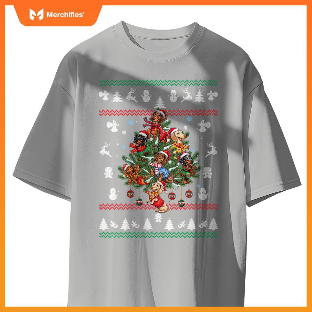 Womens Dachshund Christmas Dogs Tree Lights Ornaments Ugly Sweater V-Neck T-Shirt