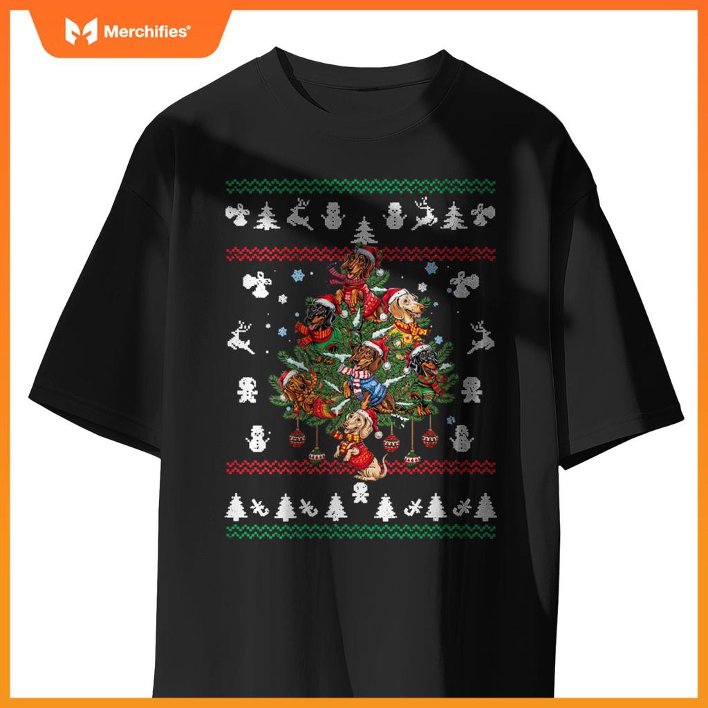 Womens Dachshund Christmas Dogs Tree Lights Ornaments Ugly Sweater V-Neck T-Shirt