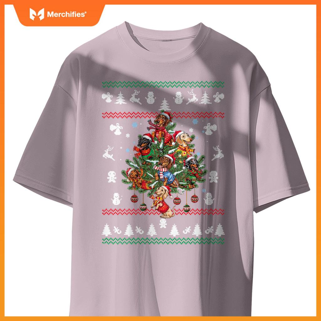 Womens Dachshund Christmas Dogs Tree Lights Ornaments Ugly Sweater V-Neck T-Shirt