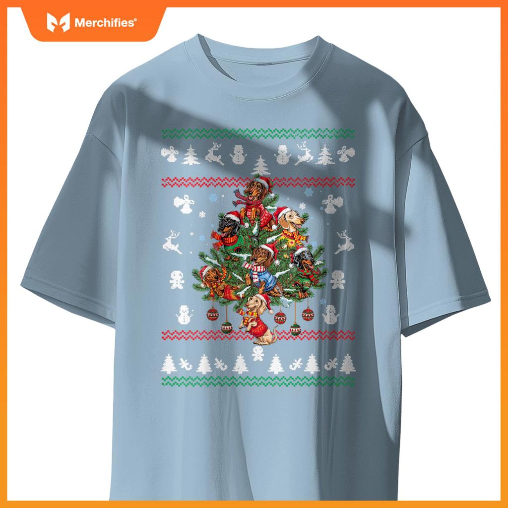 Womens Dachshund Christmas Dogs Tree Lights Ornaments Ugly Sweater V-Neck T-Shirt