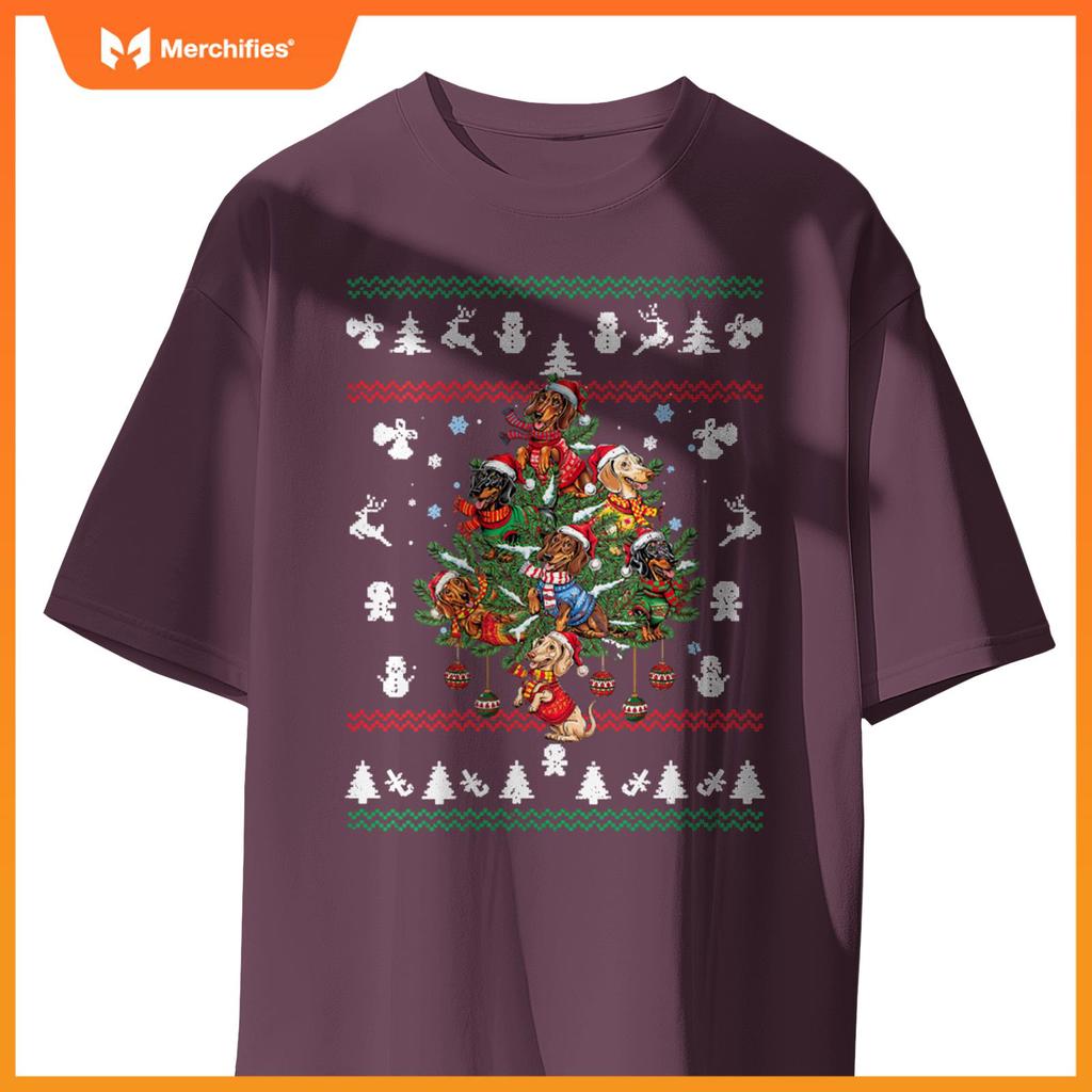 Womens Dachshund Christmas Dogs Tree Lights Ornaments Ugly Sweater V-Neck T-Shirt