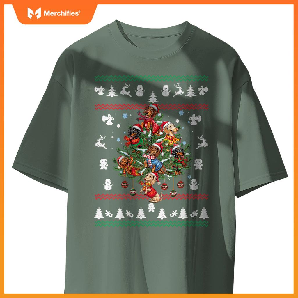 Womens Dachshund Christmas Dogs Tree Lights Ornaments Ugly Sweater V-Neck T-Shirt