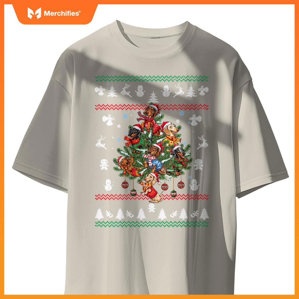 Womens Dachshund Christmas Dogs Tree Lights Ornaments Ugly Sweater V-Neck T-Shirt