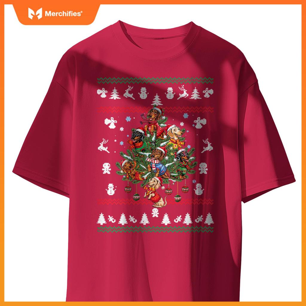 Womens Dachshund Christmas Dogs Tree Lights Ornaments Ugly Sweater V-Neck T-Shirt