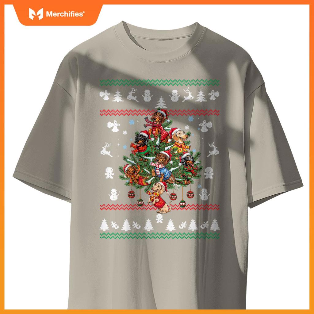 Womens Dachshund Christmas Dogs Tree Lights Ornaments Ugly Sweater V-Neck T-Shirt