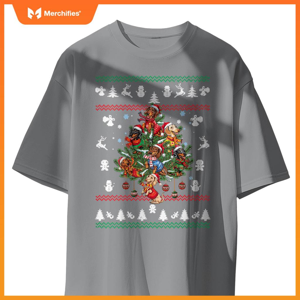 Womens Dachshund Christmas Dogs Tree Lights Ornaments Ugly Sweater V-Neck T-Shirt