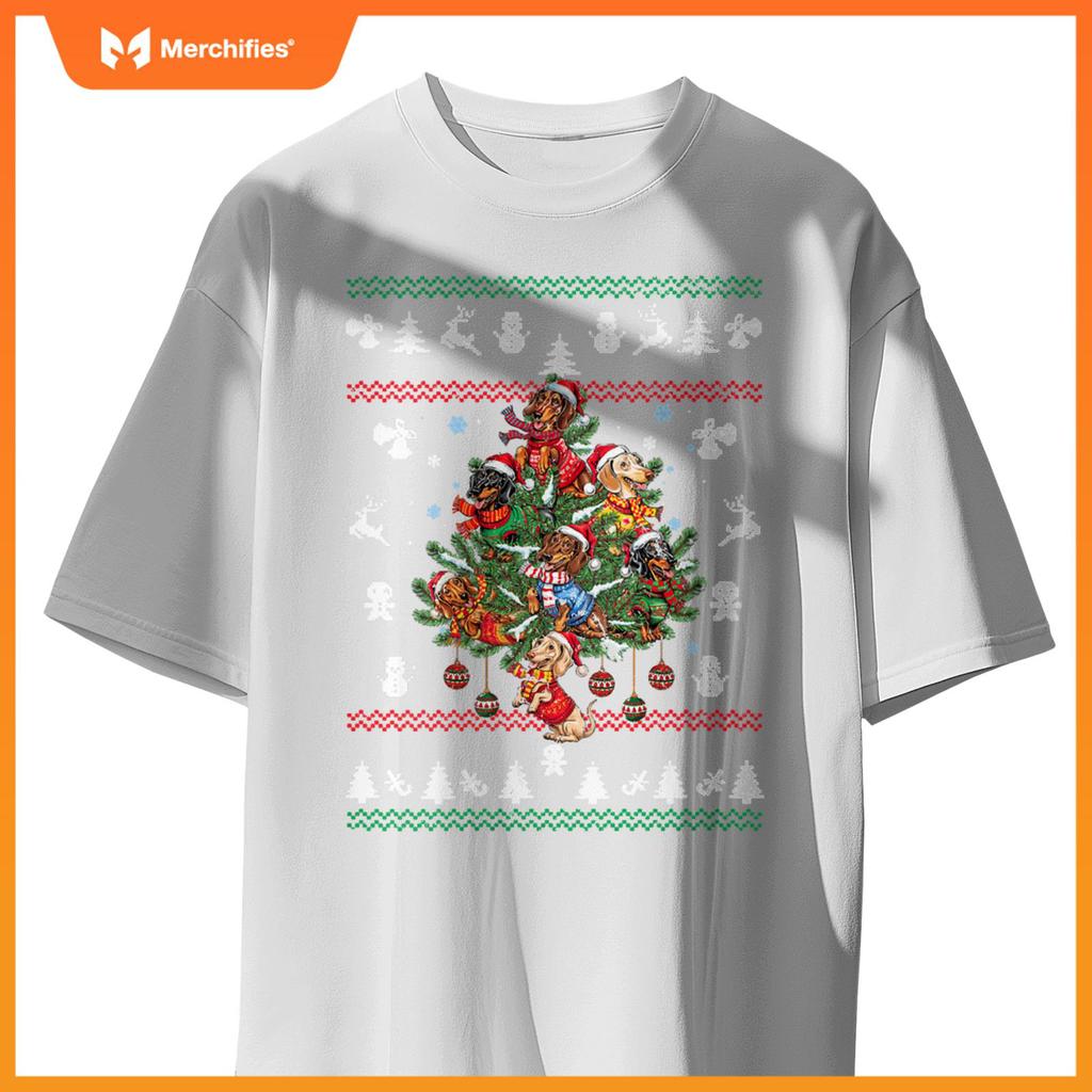 Womens Dachshund Christmas Dogs Tree Lights Ornaments Ugly Sweater V-Neck T-Shirt