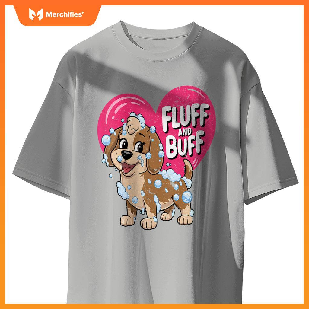 Womens Fluff and Buff Dog Grooming Cartoon with Bubbles V-Neck T-Shirt