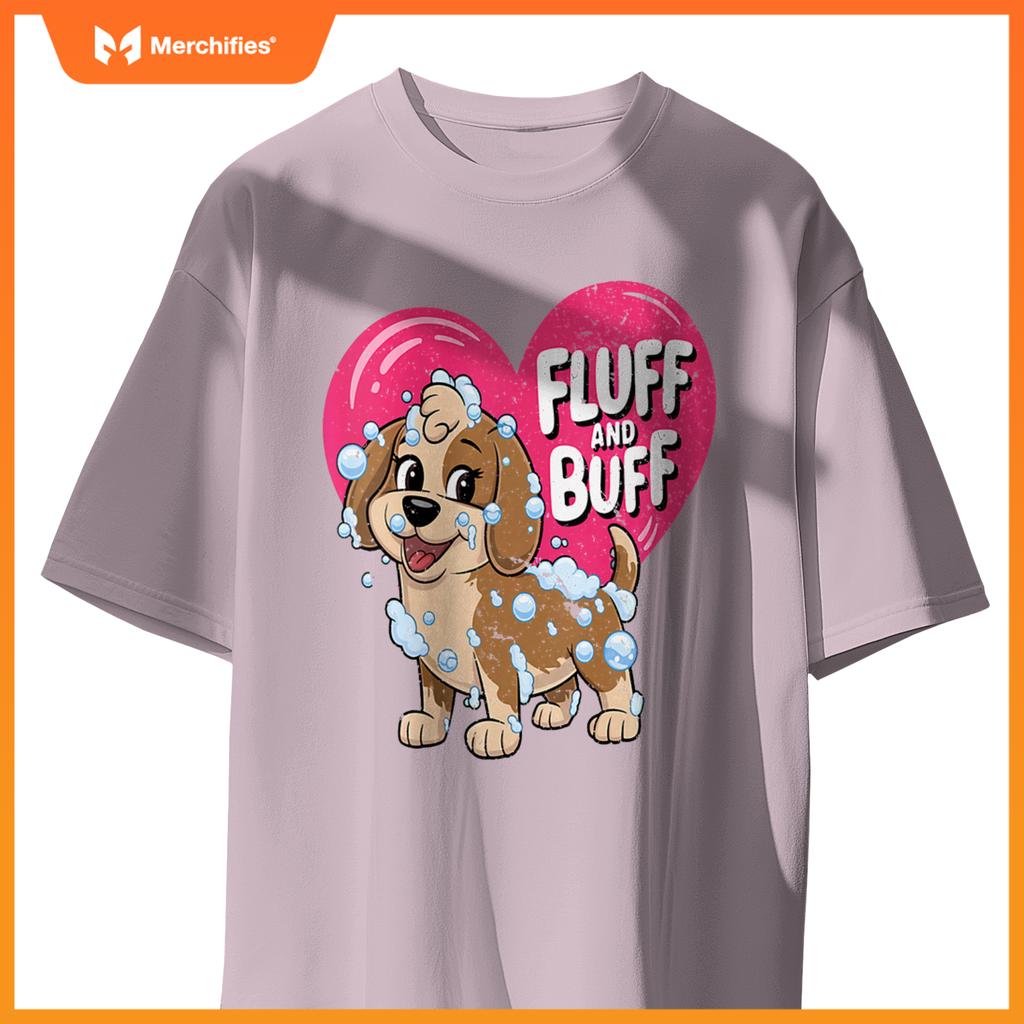 Womens Fluff and Buff Dog Grooming Cartoon with Bubbles V-Neck T-Shirt