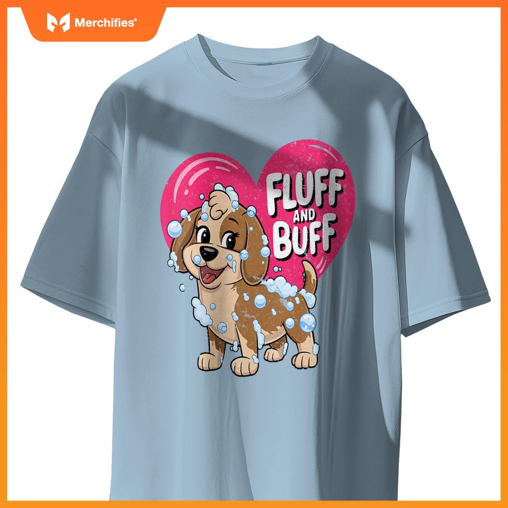 Womens Fluff and Buff Dog Grooming Cartoon with Bubbles V-Neck T-Shirt