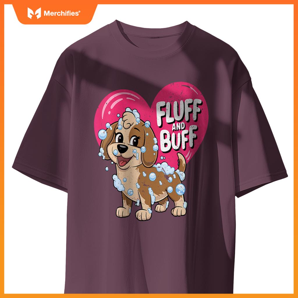 Womens Fluff and Buff Dog Grooming Cartoon with Bubbles V-Neck T-Shirt