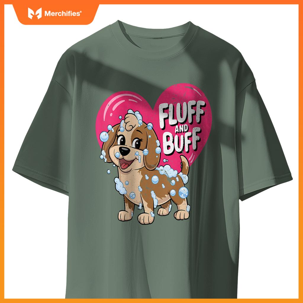 Womens Fluff and Buff Dog Grooming Cartoon with Bubbles V-Neck T-Shirt