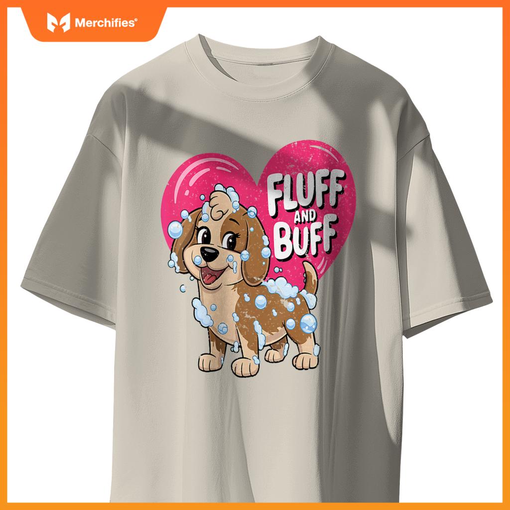 Womens Fluff and Buff Dog Grooming Cartoon with Bubbles V-Neck T-Shirt