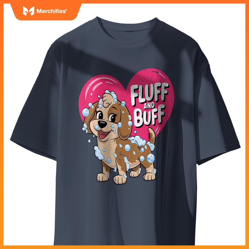 Womens Fluff and Buff Dog Grooming Cartoon with Bubbles V-Neck T-Shirt