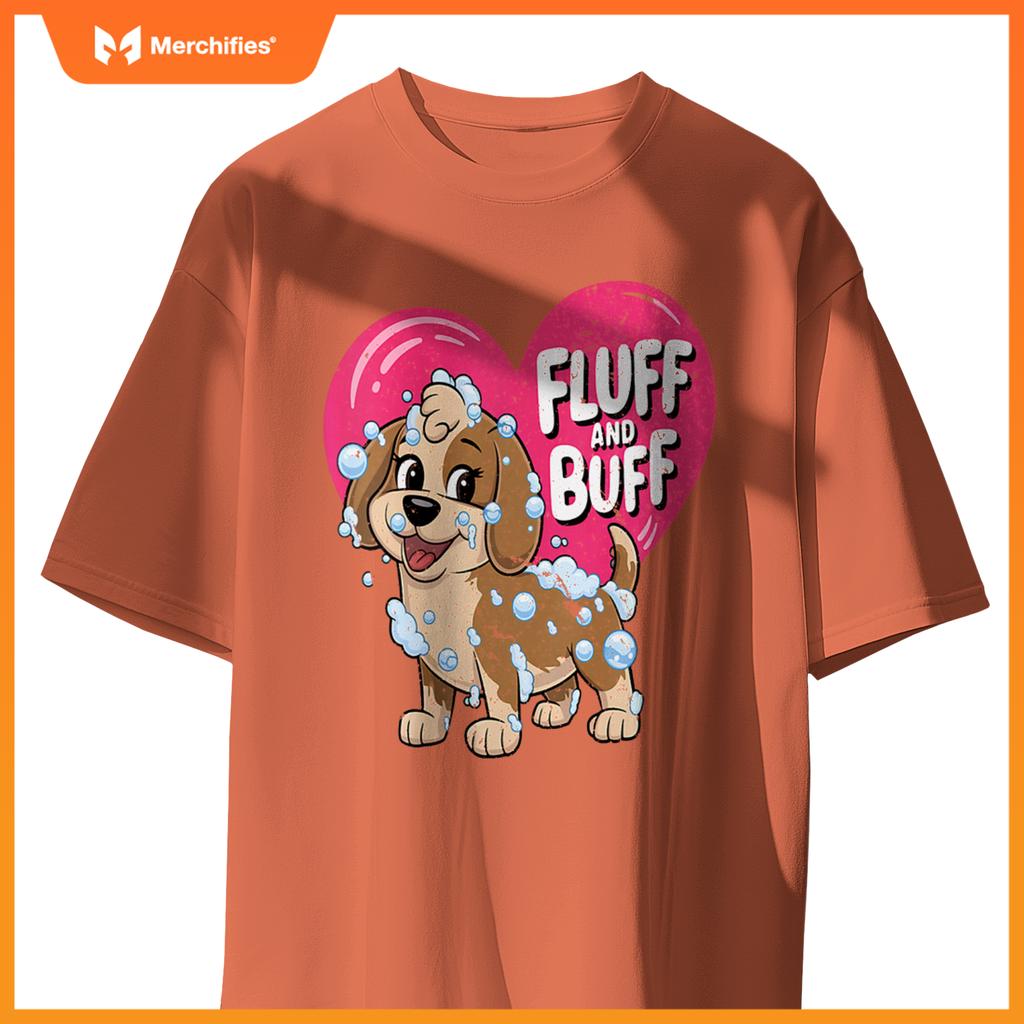 Womens Fluff and Buff Dog Grooming Cartoon with Bubbles V-Neck T-Shirt