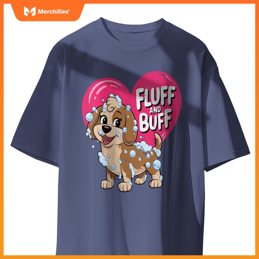 Womens Fluff and Buff Dog Grooming Cartoon with Bubbles V-Neck T-Shirt