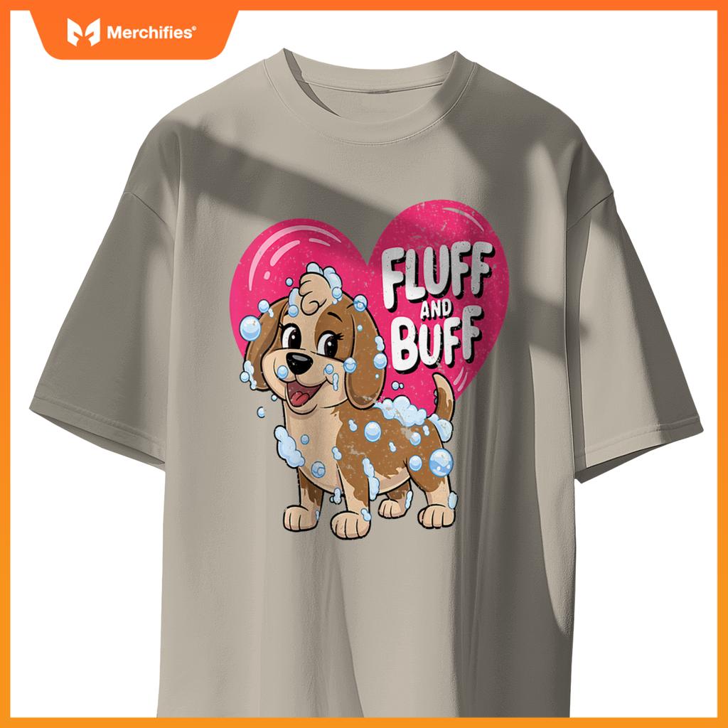 Womens Fluff and Buff Dog Grooming Cartoon with Bubbles V-Neck T-Shirt