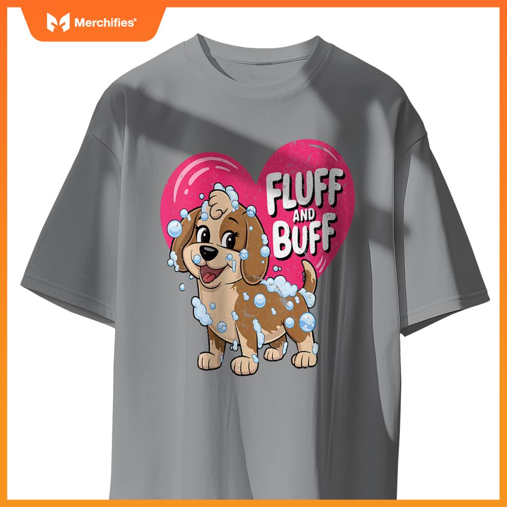 Womens Fluff and Buff Dog Grooming Cartoon with Bubbles V-Neck T-Shirt