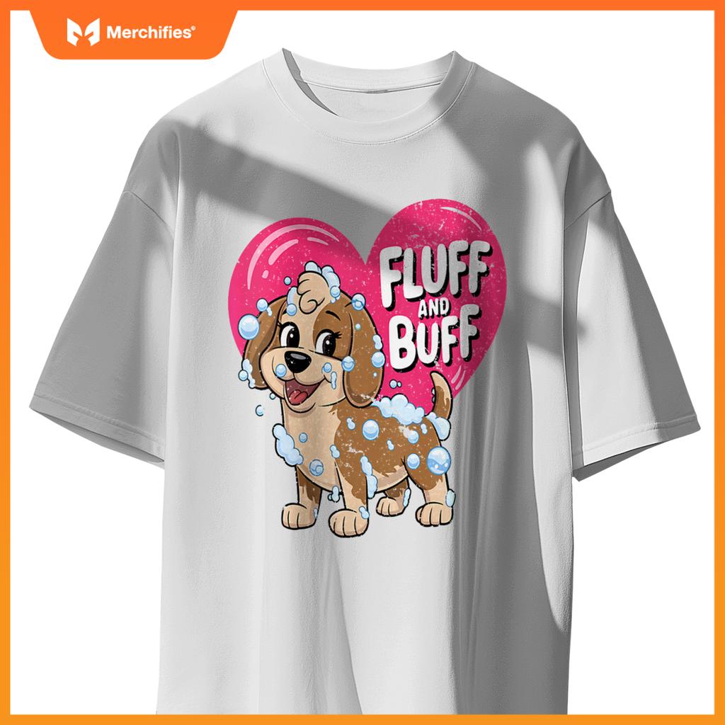 Womens Fluff and Buff Dog Grooming Cartoon with Bubbles V-Neck T-Shirt