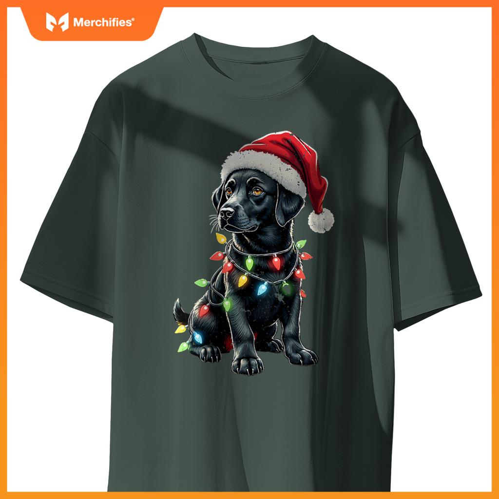 Womens Labrador Retriever Santa Hat Christmas Lights Cool Dog Lover V-Neck T-Shirt