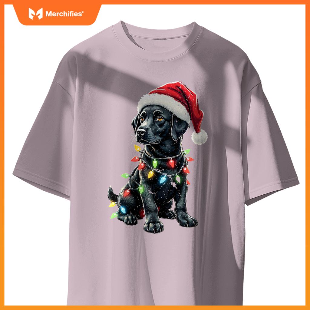 Womens Labrador Retriever Santa Hat Christmas Lights Cool Dog Lover V-Neck T-Shirt