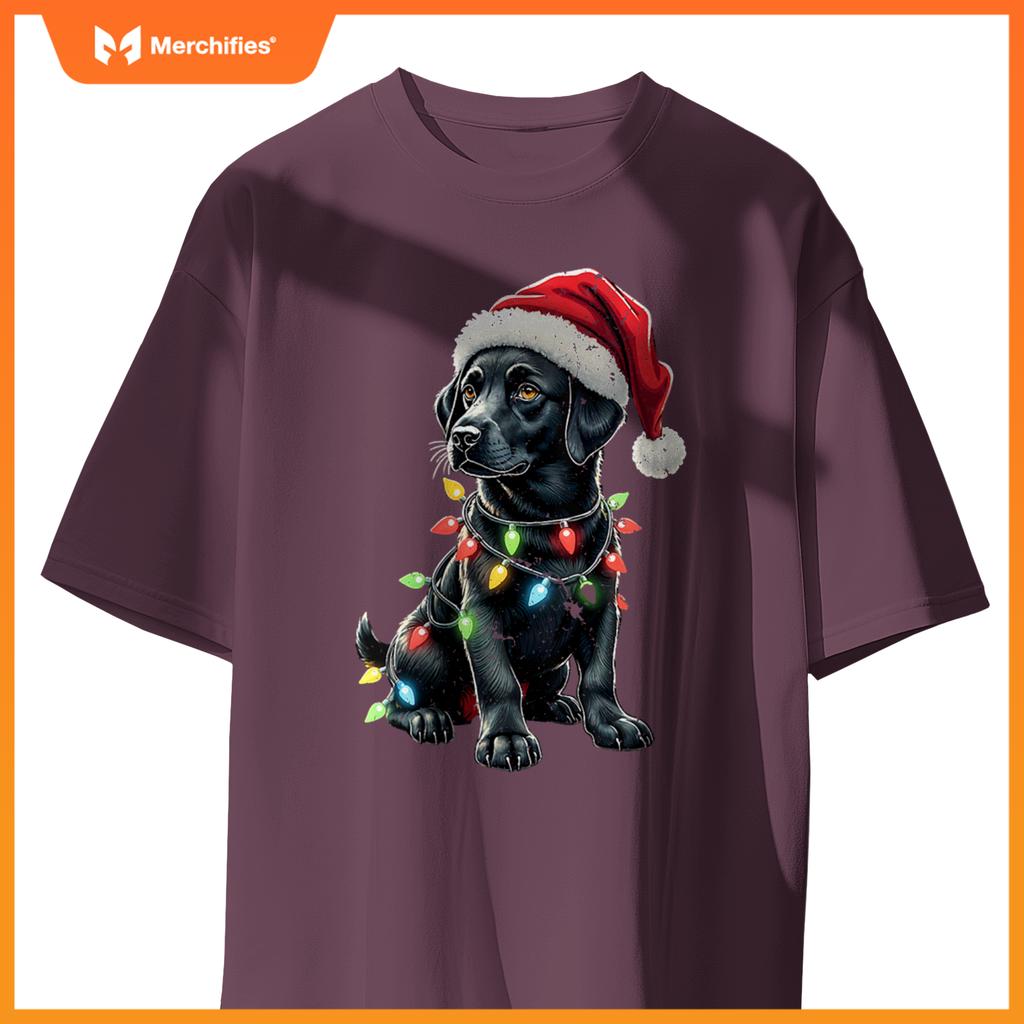 Womens Labrador Retriever Santa Hat Christmas Lights Cool Dog Lover V-Neck T-Shirt