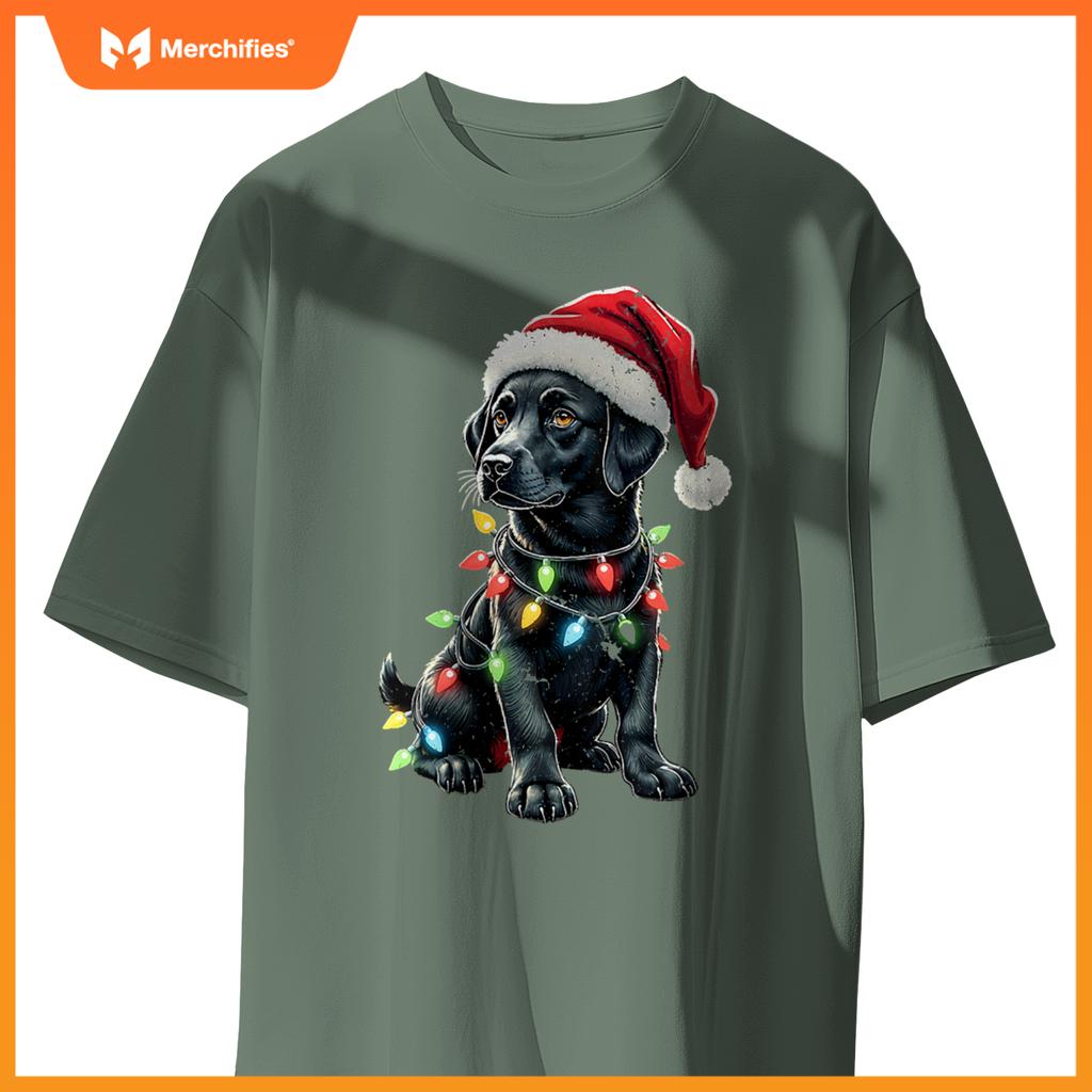Womens Labrador Retriever Santa Hat Christmas Lights Cool Dog Lover V-Neck T-Shirt