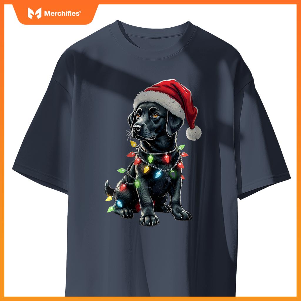 Womens Labrador Retriever Santa Hat Christmas Lights Cool Dog Lover V-Neck T-Shirt