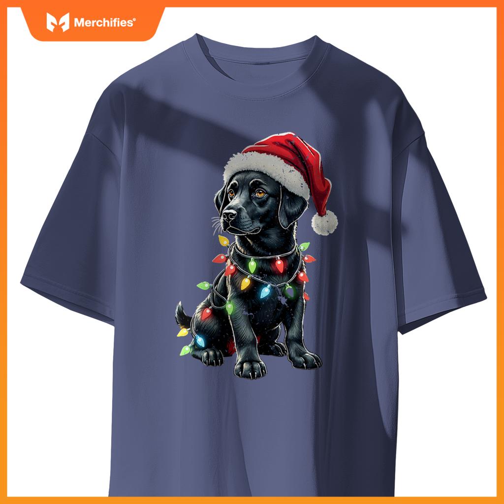 Womens Labrador Retriever Santa Hat Christmas Lights Cool Dog Lover V-Neck T-Shirt