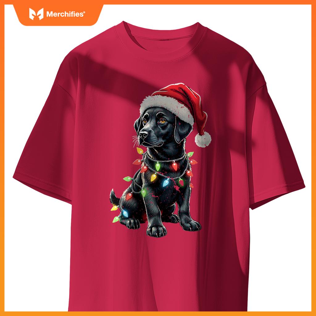 Womens Labrador Retriever Santa Hat Christmas Lights Cool Dog Lover V-Neck T-Shirt