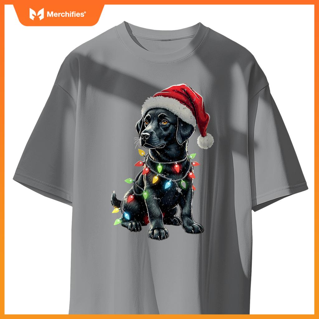 Womens Labrador Retriever Santa Hat Christmas Lights Cool Dog Lover V-Neck T-Shirt