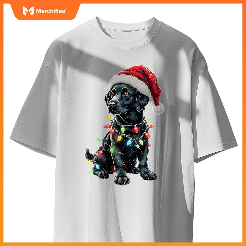 Womens Labrador Retriever Santa Hat Christmas Lights Cool Dog Lover V-Neck T-Shirt