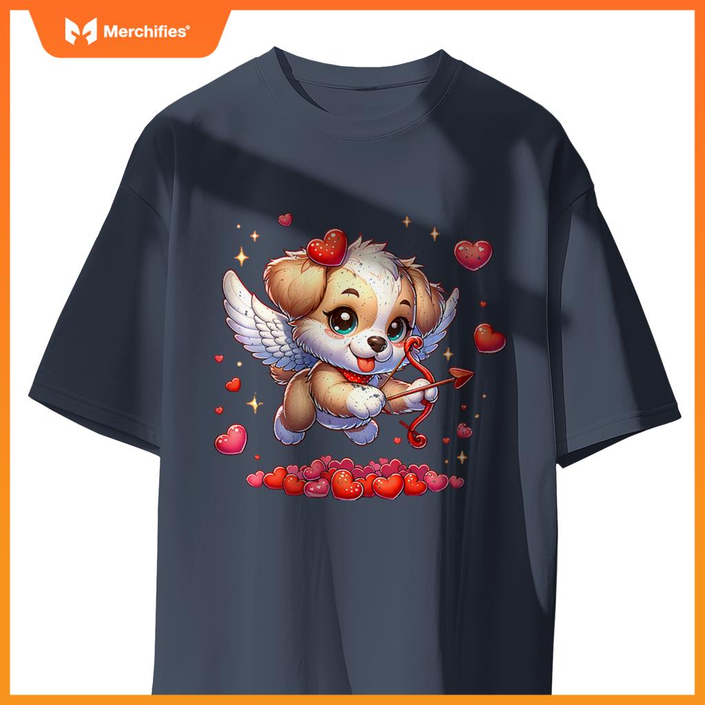 Womens Valentine's Day Puppy Dog Cupid Girls Women Graphic T-Shirt