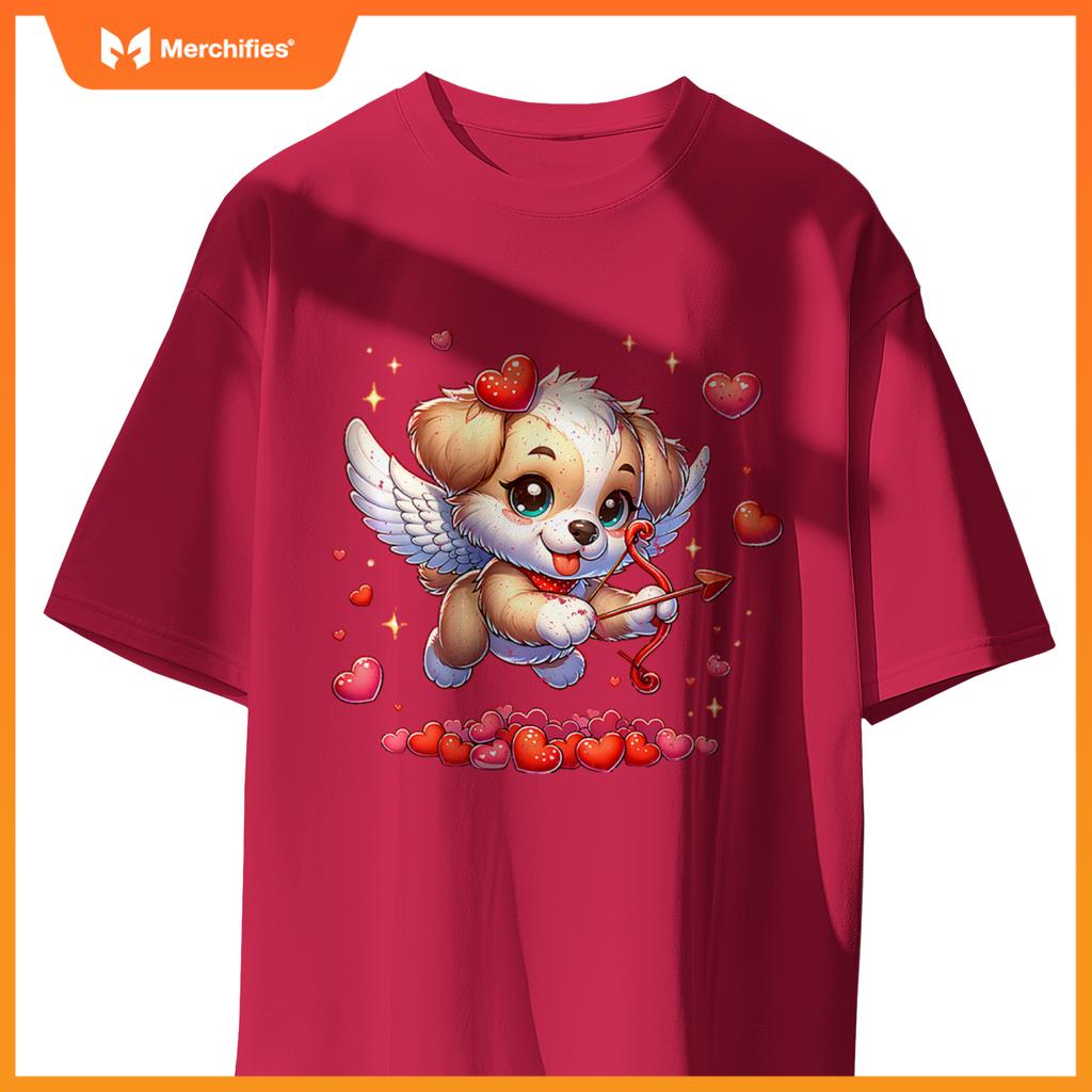 Womens Valentine's Day Puppy Dog Cupid Girls Women Graphic T-Shirt