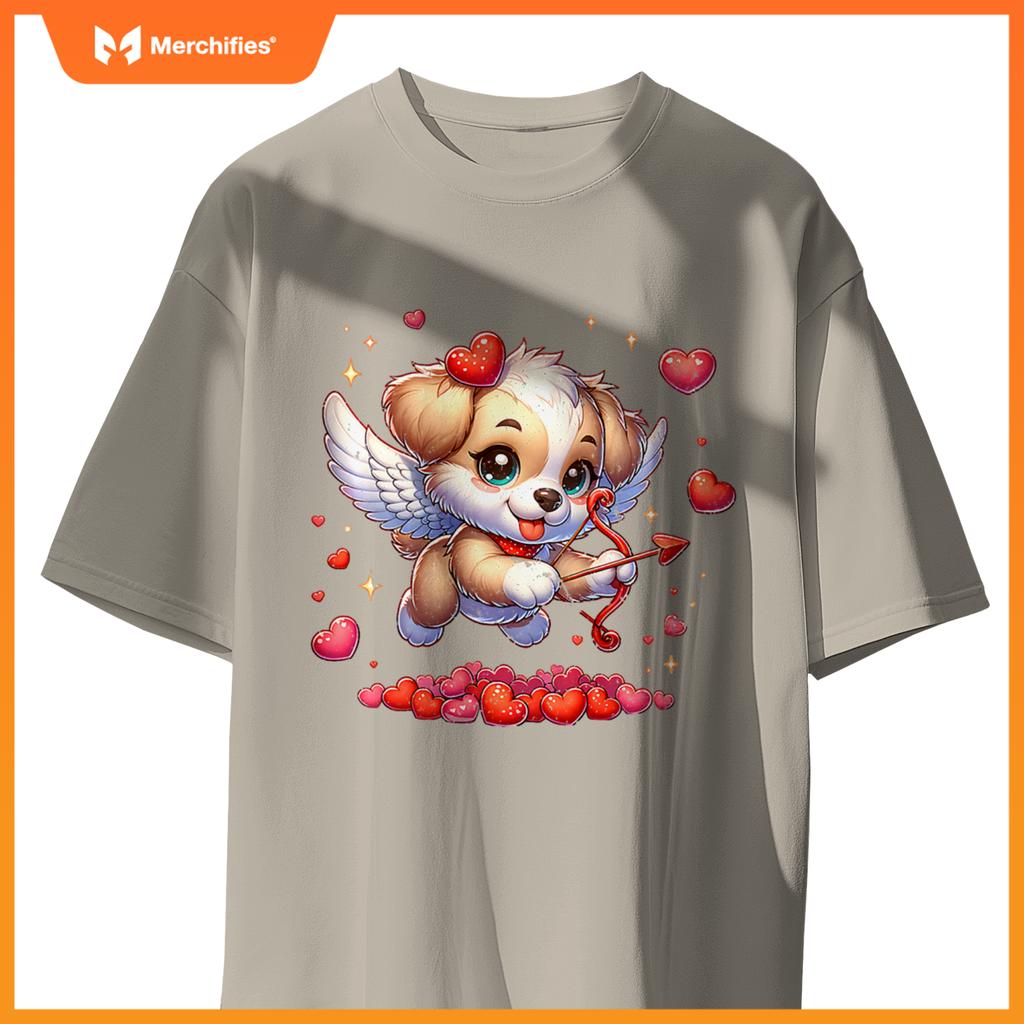 Womens Valentine's Day Puppy Dog Cupid Girls Women Graphic T-Shirt