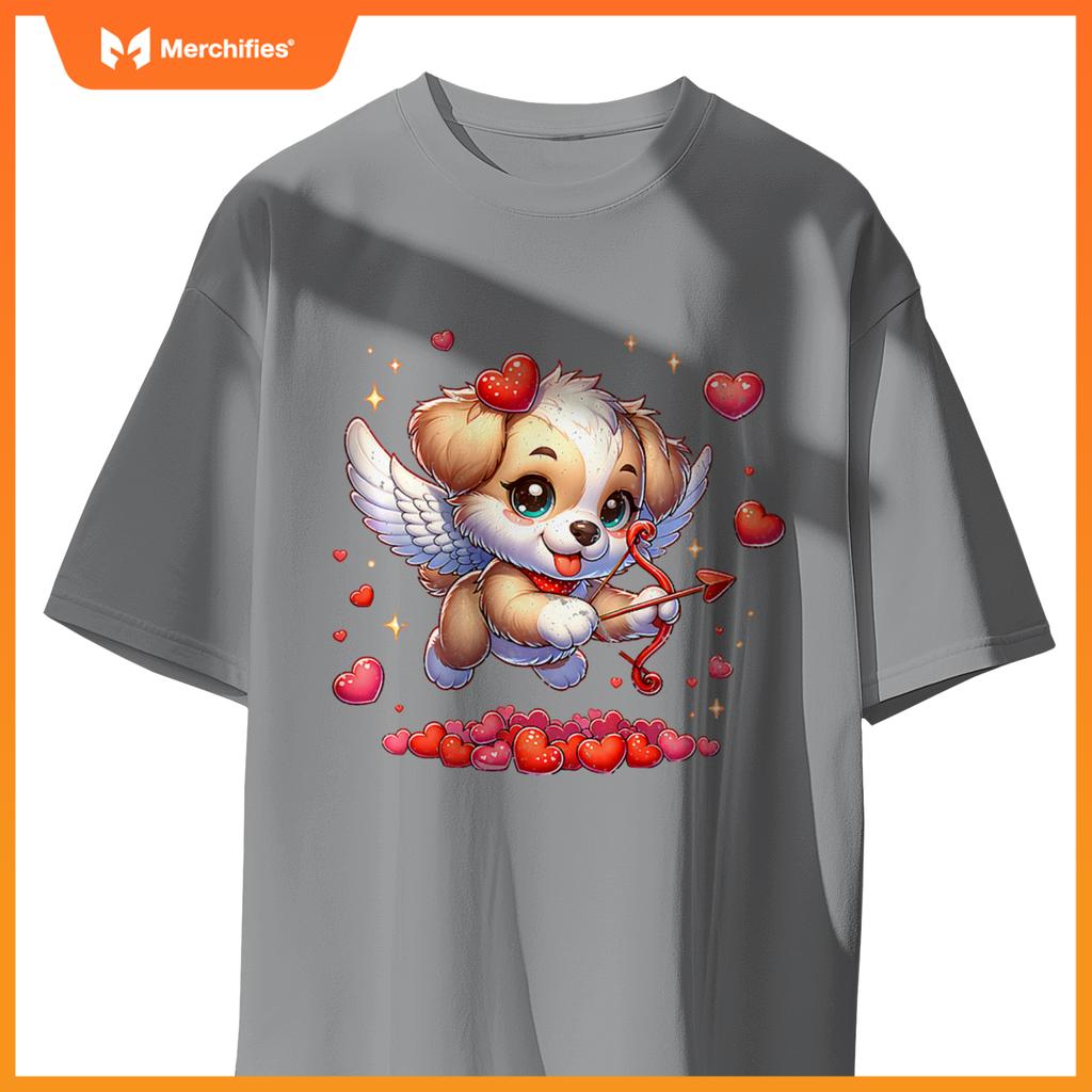 Womens Valentine's Day Puppy Dog Cupid Girls Women Graphic T-Shirt
