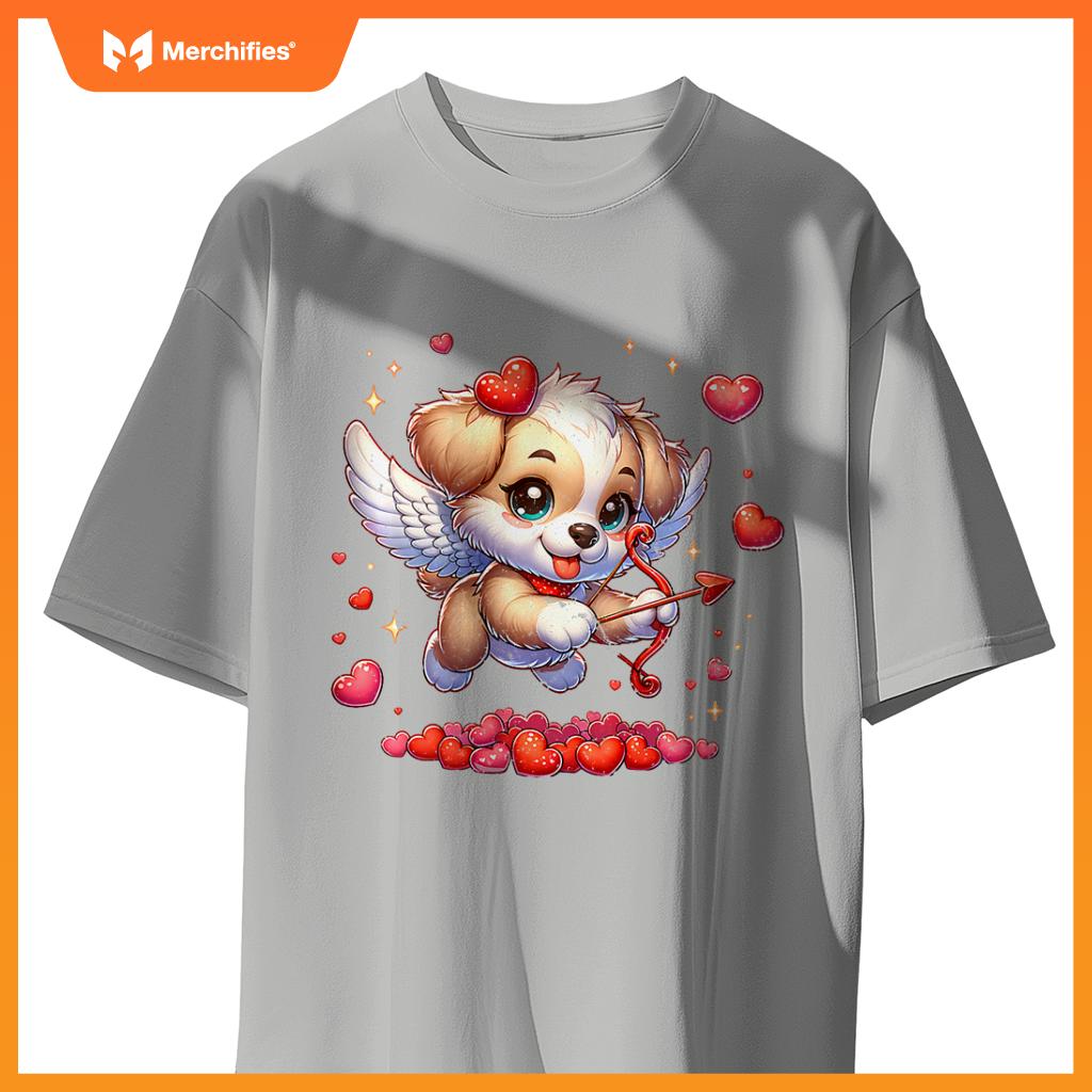 Womens Puppy Dog Cupid Valentine's Day T-Shirt