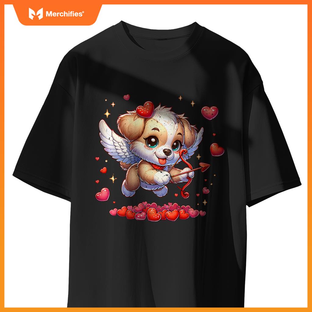 Womens Puppy Dog Cupid Valentine's Day T-Shirt