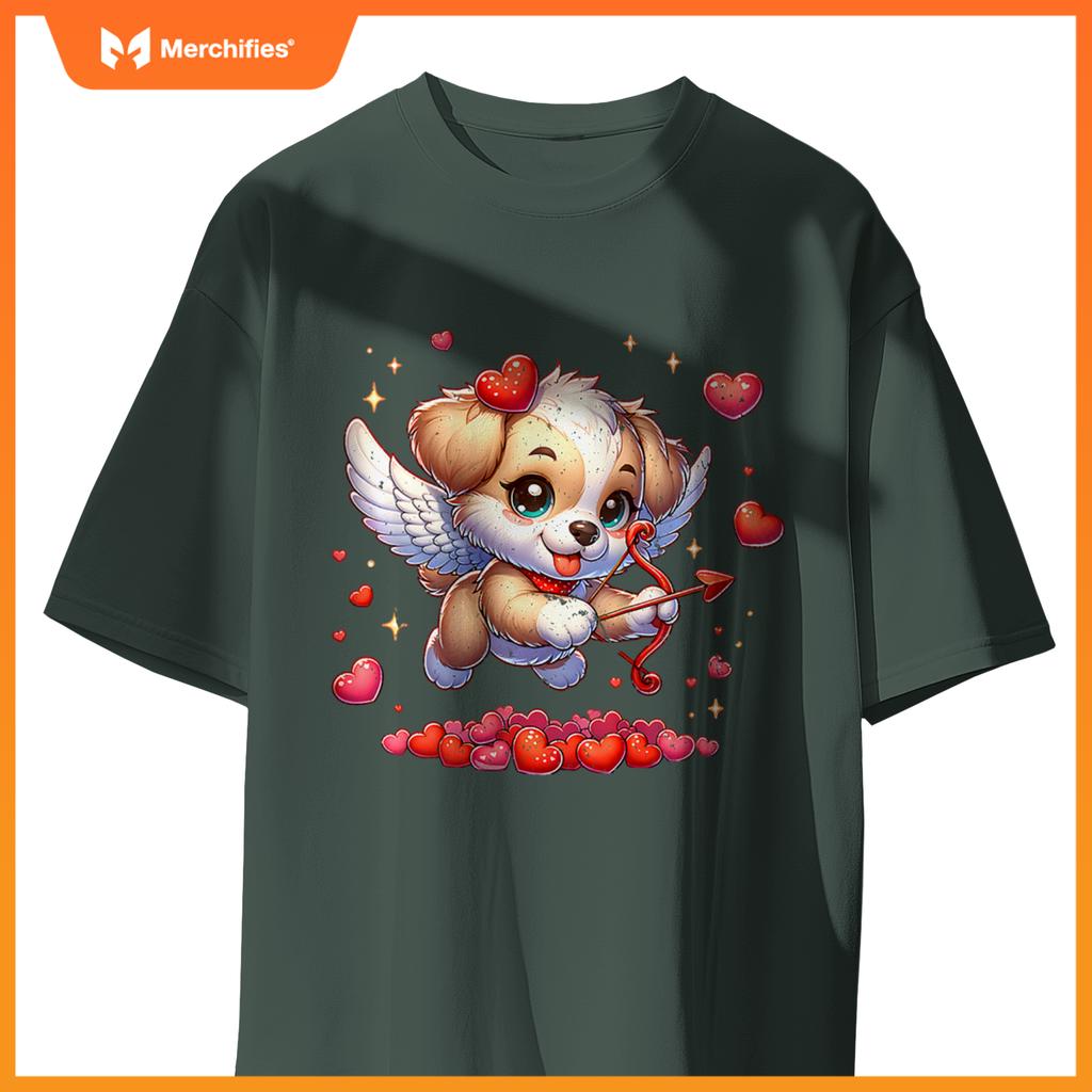 Womens Puppy Dog Cupid Valentine's Day T-Shirt