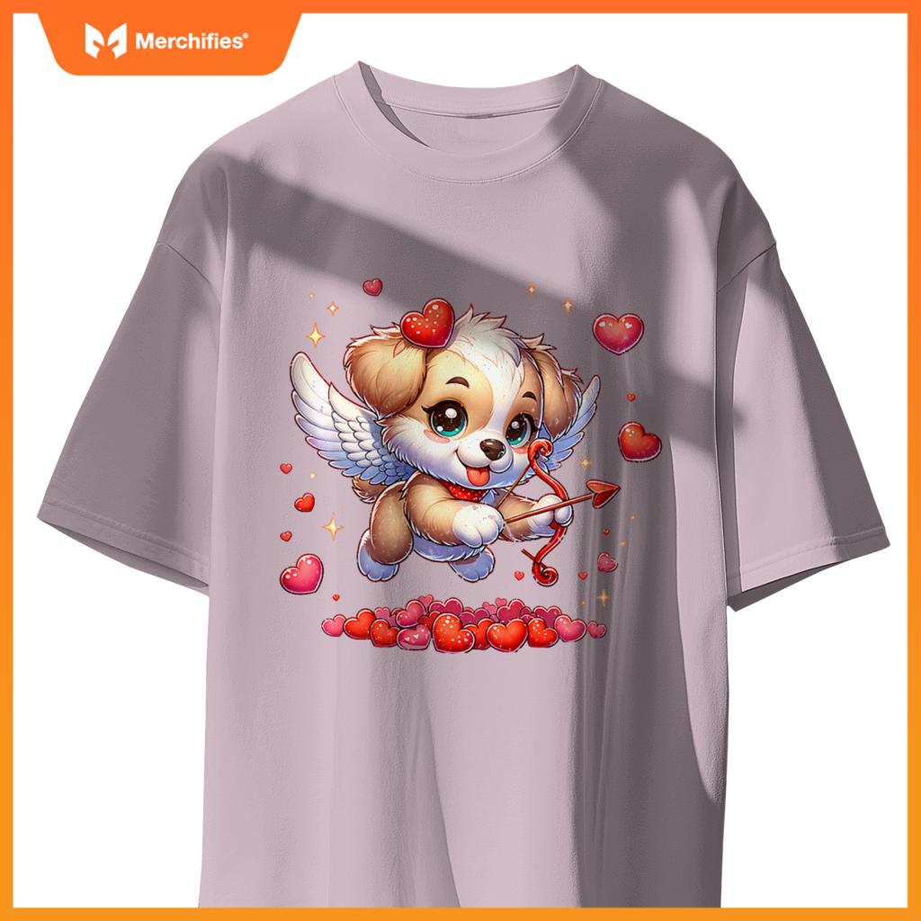 Womens Puppy Dog Cupid Valentine's Day T-Shirt