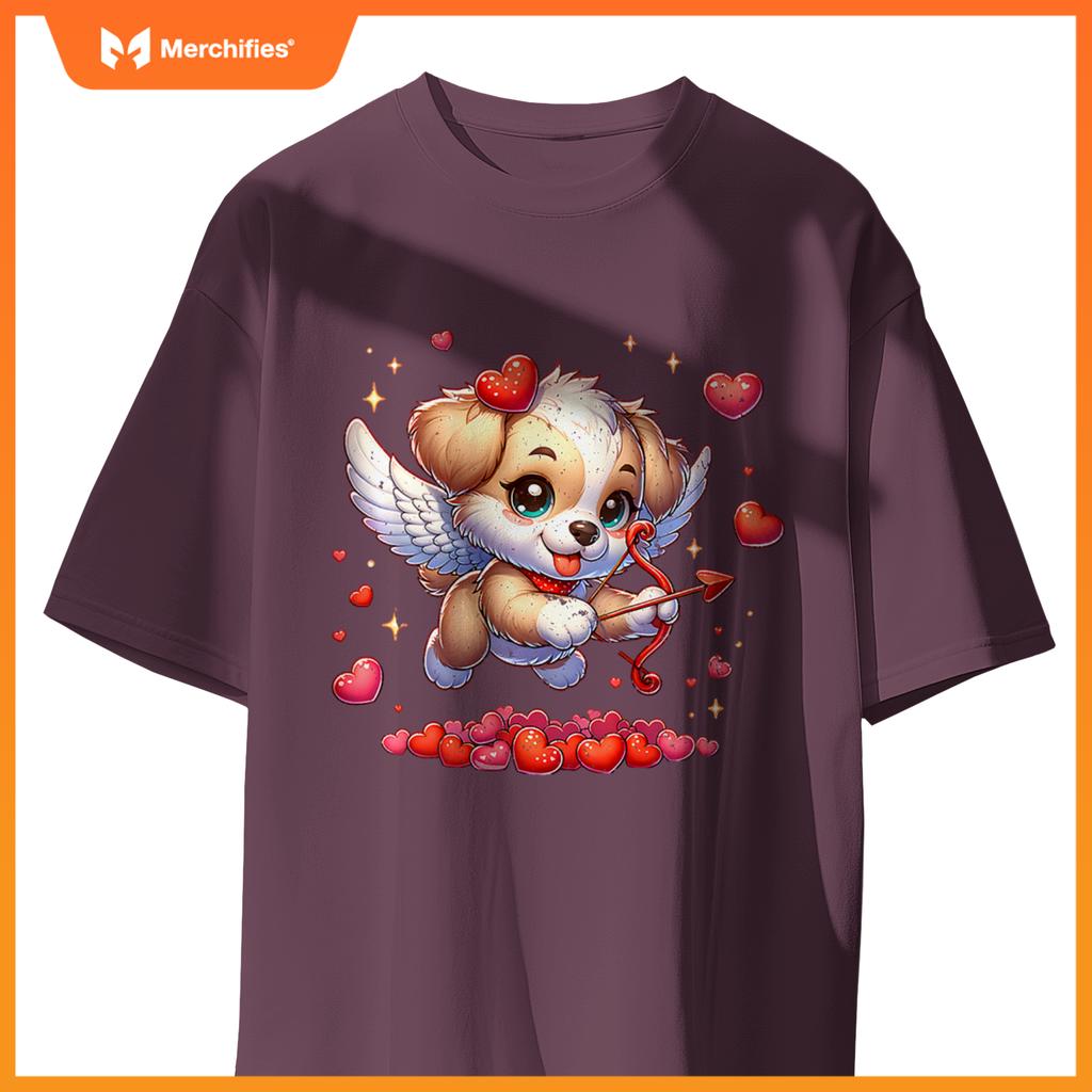 Womens Puppy Dog Cupid Valentine's Day T-Shirt