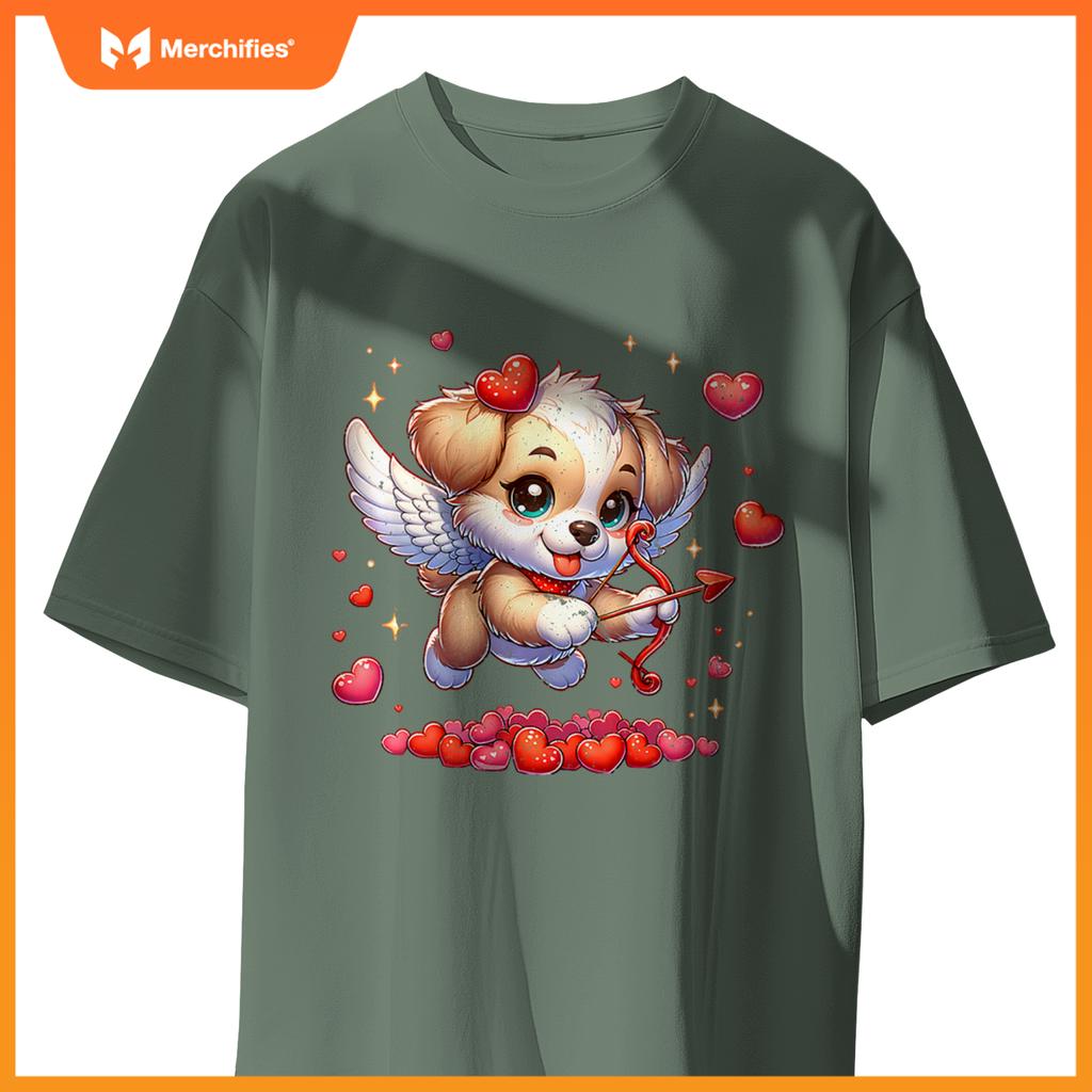 Womens Puppy Dog Cupid Valentine's Day T-Shirt