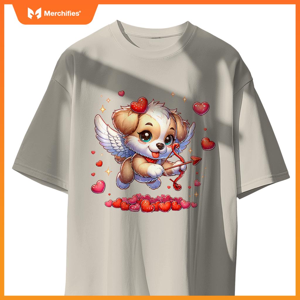 Womens Puppy Dog Cupid Valentine's Day T-Shirt
