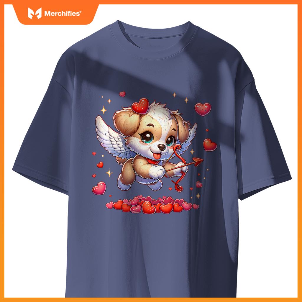 Womens Puppy Dog Cupid Valentine's Day T-Shirt